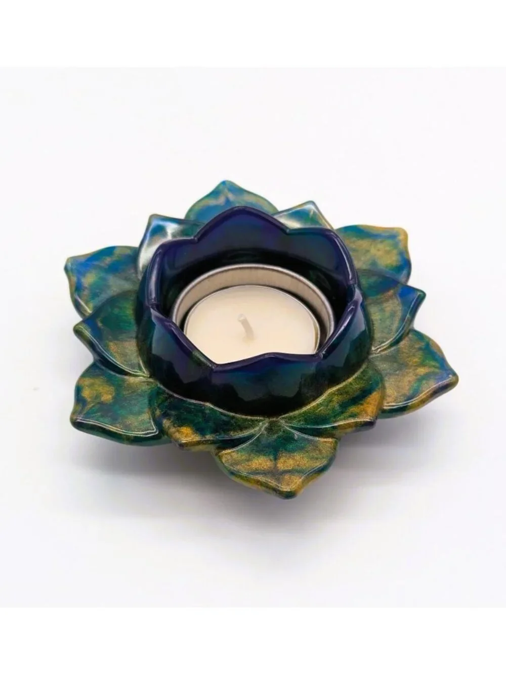 Lotus Flower Resin Tealight Holder Green, Gold & Blue 4.5